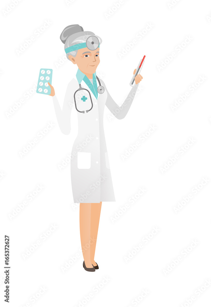 Otolaryngologist holding thermometer and pills. Otolaryngologist holding thermometer and pills.