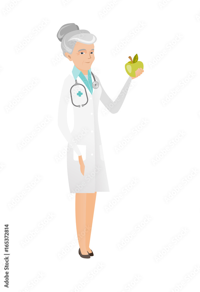 Caucasian nutritionist offering fresh red apple. Caucasian nutritionist offering fresh red apple.
