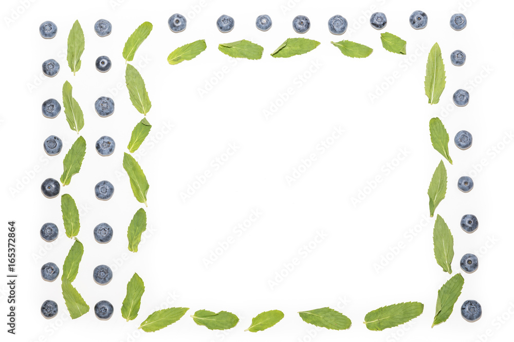 Frame of the blueberries and leaves pattern isolated on white background, free space for text Frame of the blueberries and leaves pattern isolated on white background, free space for text