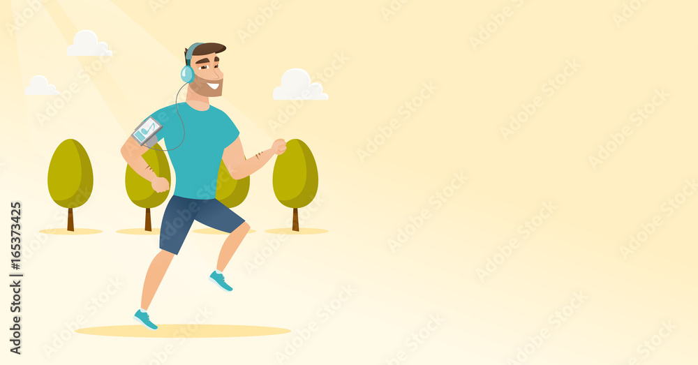 Young man running with earphones and smartphone. Young man running with earphones and smartphone.