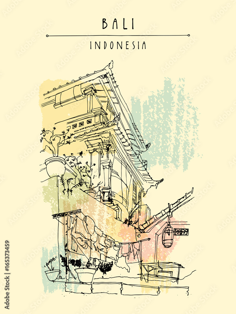 A nice guest house in Ubud, Bali, Indonesia. Hand drawn travel postcard