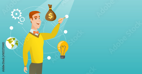 Young caucasian man writing on a virtual screen.