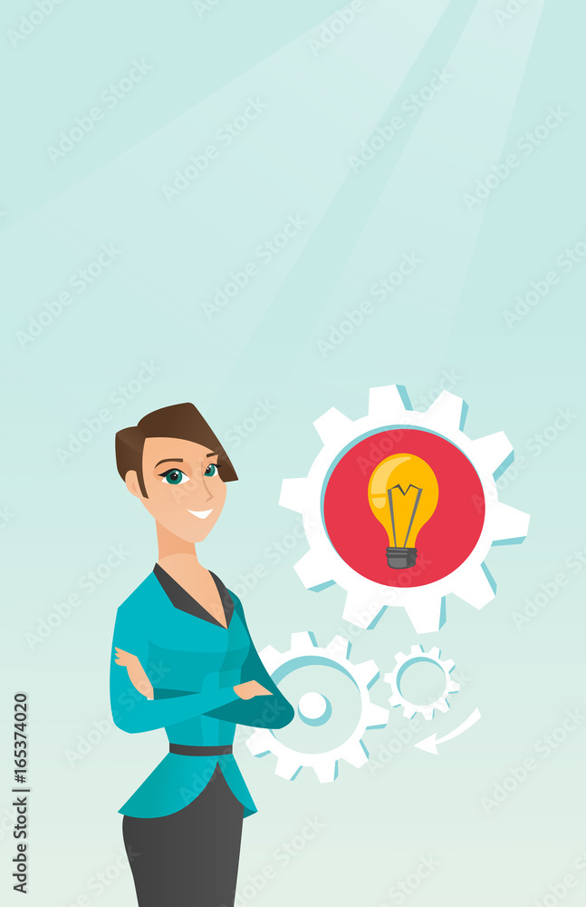 Caucasian woman with business idea bulb in gear. Caucasian woman with business idea bulb in gear.
