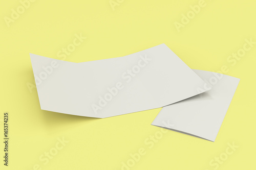 Blank white open three fold brochure mockup on yellow background