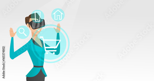 Woman in virtual reality headset shopping online.