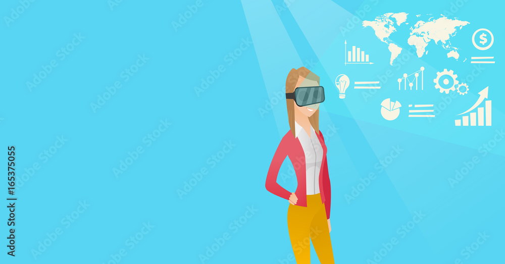 Young woman in vr headset analyzing virtual data. Young woman in vr headset analyzing virtual data.
