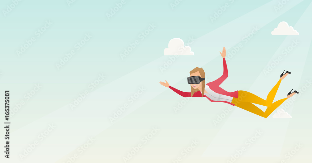 Business woman in vr headset flying in the sky.