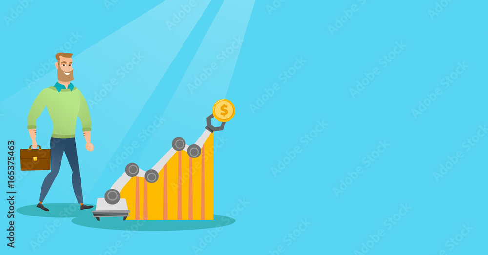 Man looking at profit chart with robotic arm. Man looking at profit chart with robotic arm.
