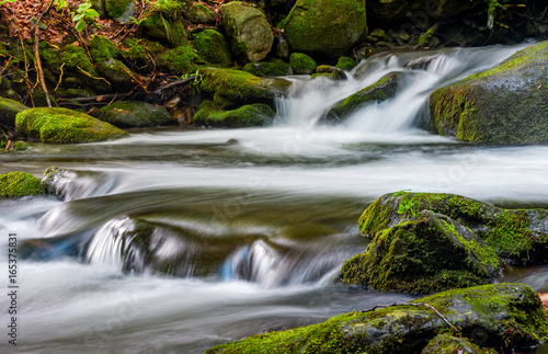cascade on the little stream with stones in forest