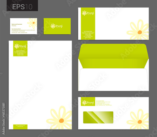 Modern stationery set in vector format, letterhead, business card, envelope floral theme