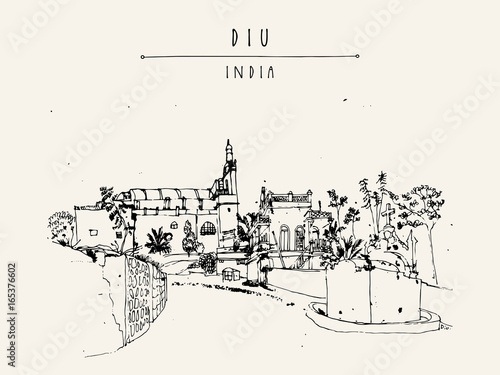 Fototapeta Naklejka Na Ścianę i Meble -  Old Portuguese church in Diu, India. Vintage hand drawn тartistic postcard