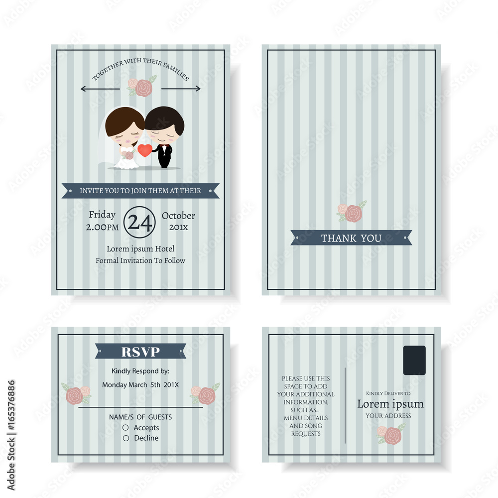 Set of Cute Couple Cartoon Wedding Invitation card. Modern  color  /Illustration Stock Vector | Adobe Stock
