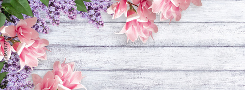 Magnolia and lilac flowers on shabby background