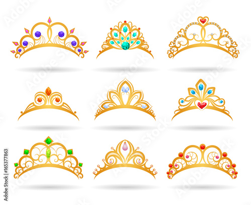 Princess golden tiaras with diamonds isolated on white background. Gold girls crowns vector illustration photo