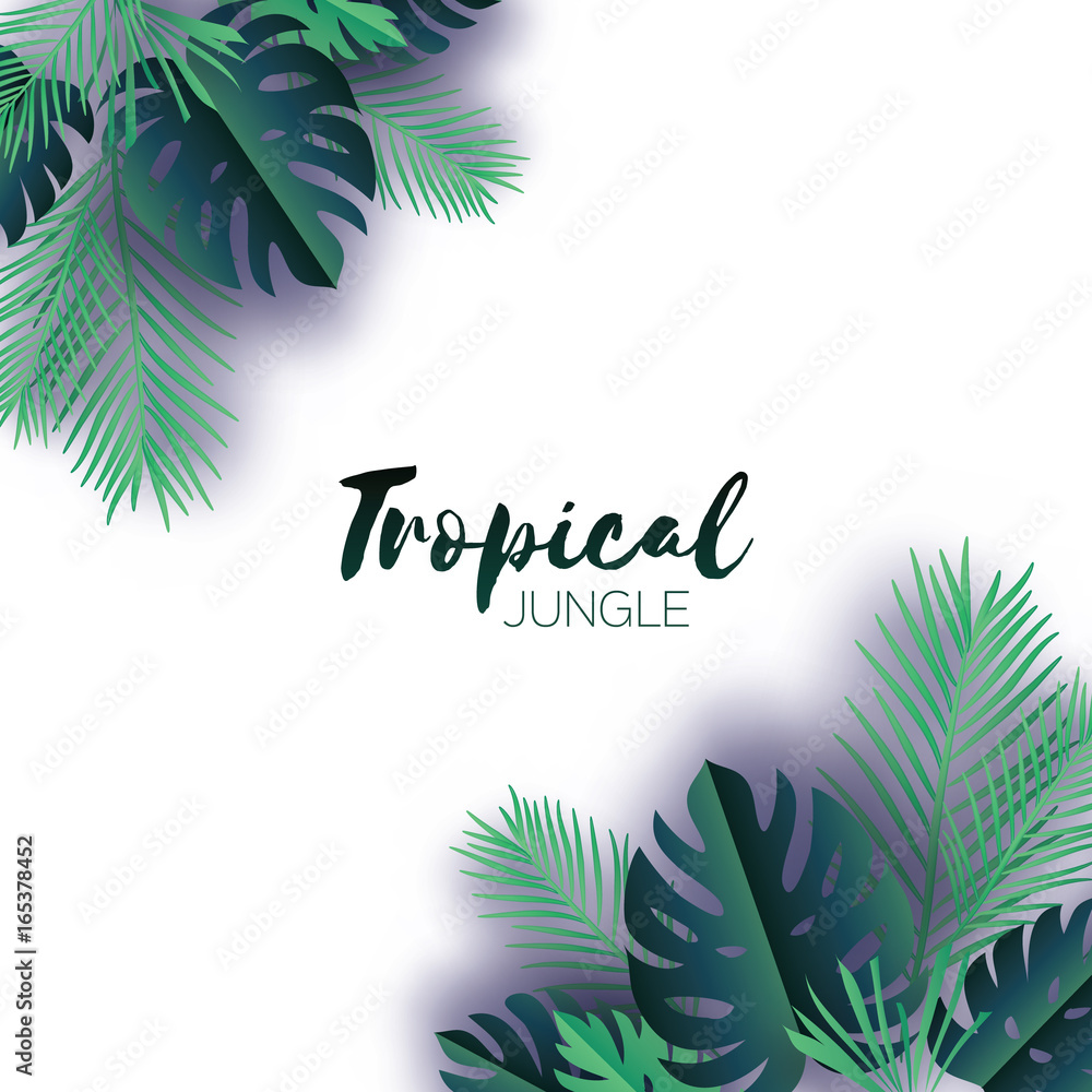 Trendy Summer Tropical palm leaves and plants in paper cut style. Origami Exotic Hawaiian summertime. Space for text. Beautiful dark green jungle floral background. Monstera, palm. Vector