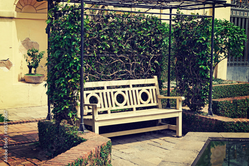 White wooden bench in a green blooming park.