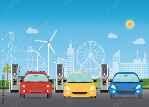 Electric cars charging at the charger station.