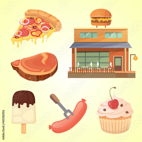 Modern Flat Commercial Restaurant Building Illustration - Burger House. Fast food shop.