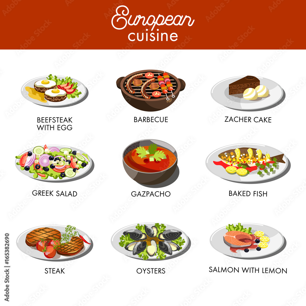 European cuisine food dishes for restaurant vector menu template Stock