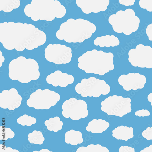 Seamless background with blue sky and white cartoon clouds. Vector illustration. 