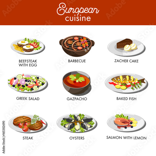 European cuisine food dishes for restaurant vector menu template