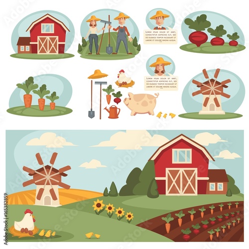 Farm household or farmer agriculture and cattle farming vector flat design