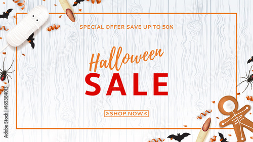Halloween sale web banner with treats. Top view on paper bats, spiders and confetti on wooden texture. Vector illustration with cookies in form of skeleton gingerbread man. Special seasonal offer.