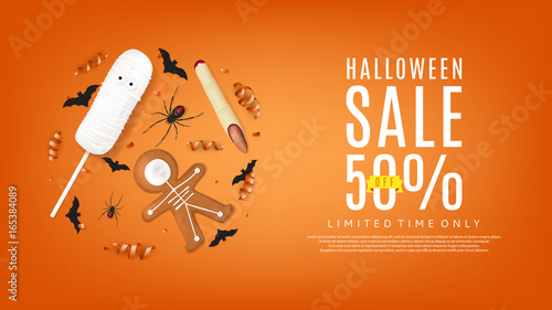 Orange web banner with treats for halloween sale. Top view on paper bats, spiders, confetti and serpentine. Vector illustration with cookies in form of skeleton gingerbread man.