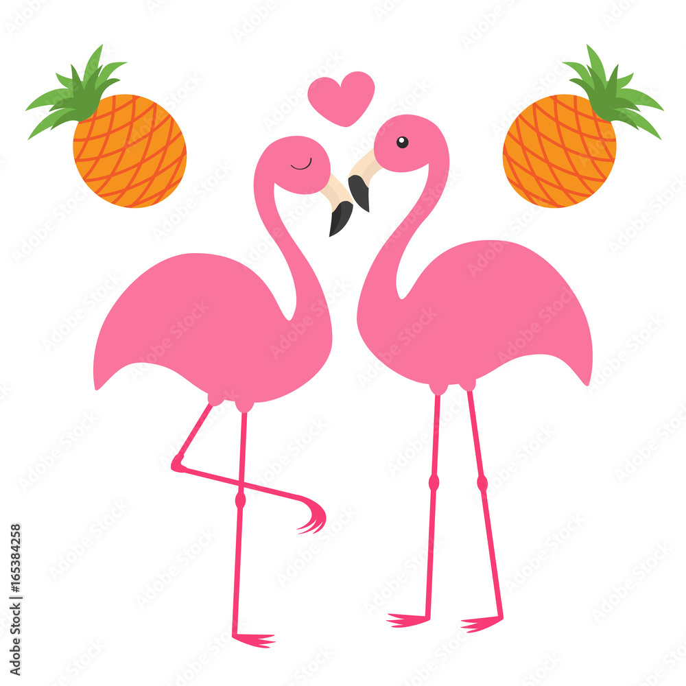 Pineapple fruit set. Pink flamingo couple and heart. Love family. Exotic tropical bird. Zoo animal kids collection. Cute cartoon character. Greeting card. Flat design. White background Isolated