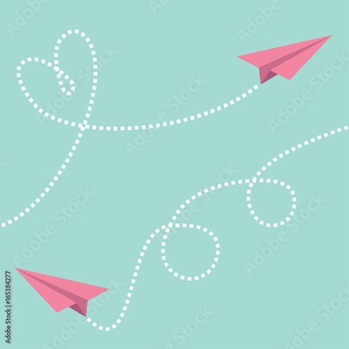 Two pink flying origami paper plane. Dashed line Heart loop Happy Valentines day Greeting card template Blue sky background Flat design