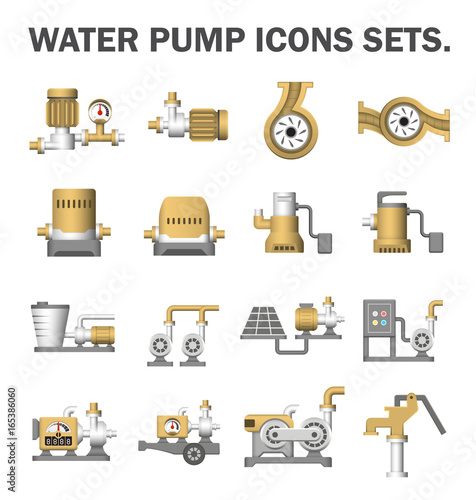 Water pump station icon. Consist of centrifugal, submersible and well pump. Powered by engine, hand and electric motor with solar energy. For water supply infrastructure, plumbing and irrigation.