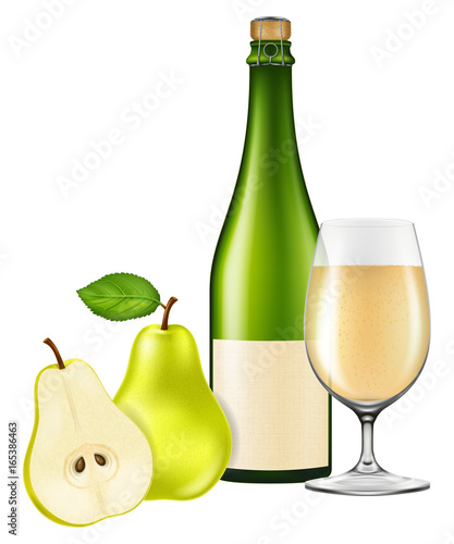 Bottle of pear cider with a glass and an pear. Vector illustration.