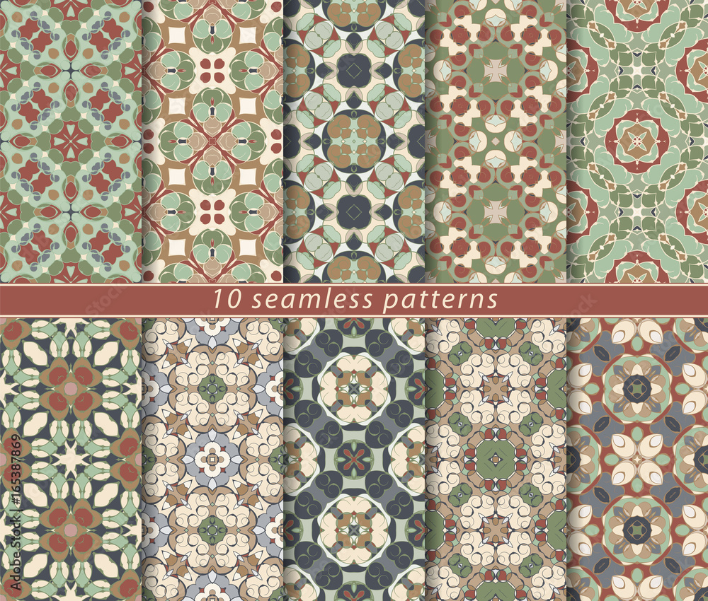Ten seamless patterns in Oriental style. Eastern ornaments for design fabric, wrapping paper or scrapbooking. Vector illustration in orange and green colors.