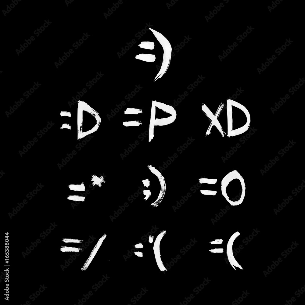 Hand drawn emoji created by dry brush. Grunge style set on the black background. Hand drawn emoji created by dry brush. Grunge style set on the black background.