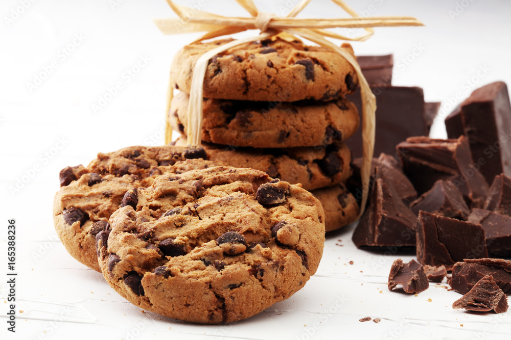 Fototapeta premium Chocolate cookies on white background. Chocolate chip cookies shot