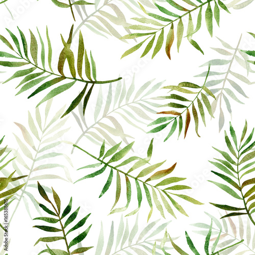 Seamless pattern with watercolor tropical leaves. Illustration can be used for gift wrapping, background of web pages, as a print for any printing products.