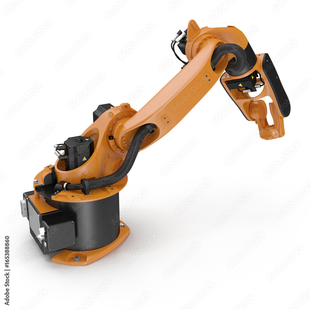 Orange robot arm for industry isolated on white. 3D Illustration, clipping path
