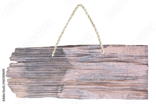 Wooden sign hanging on a rope isolated on white background