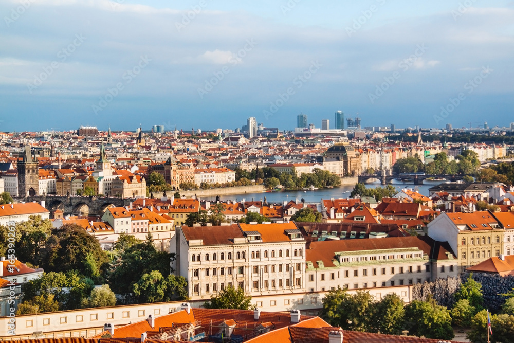 Aerial view of Prague, Czech Republic on a sunny evening