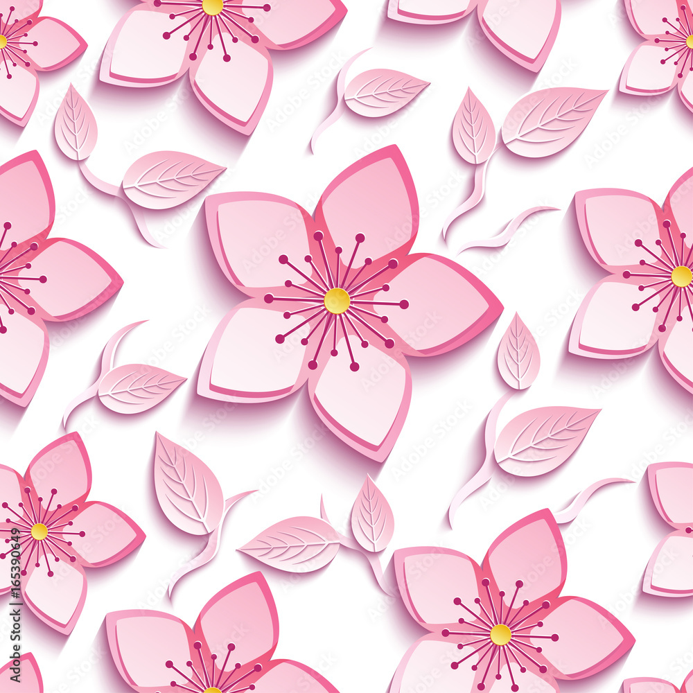 Seamless pattern with pink sakura and leaves
