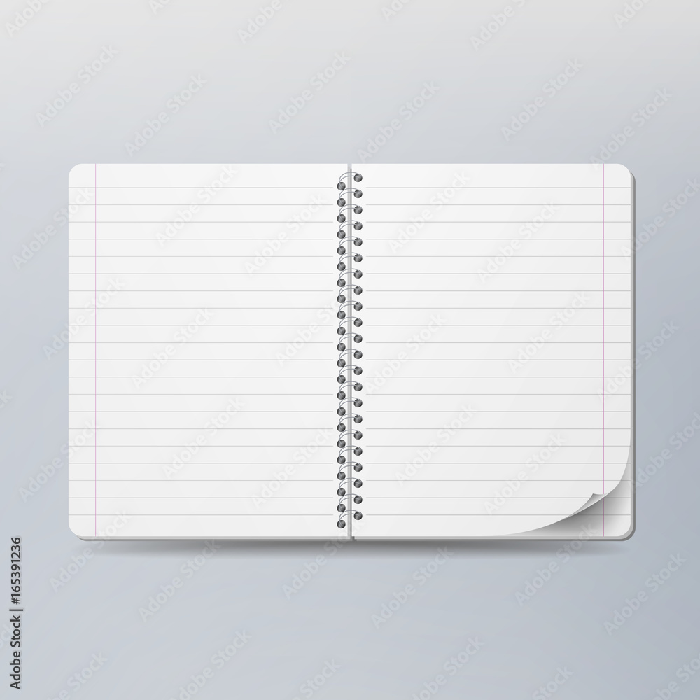 Realistic Note Template Blank. Spiral And Paper. Clean Mock Up For Your Design. Opened Notebook For Work And Taking Notes. Vector illustration Realistic Note Template Blank. Spiral And Paper. Clean Mock Up For Your Design. Opened Notebook For Work And Taking Notes. Vector illustration