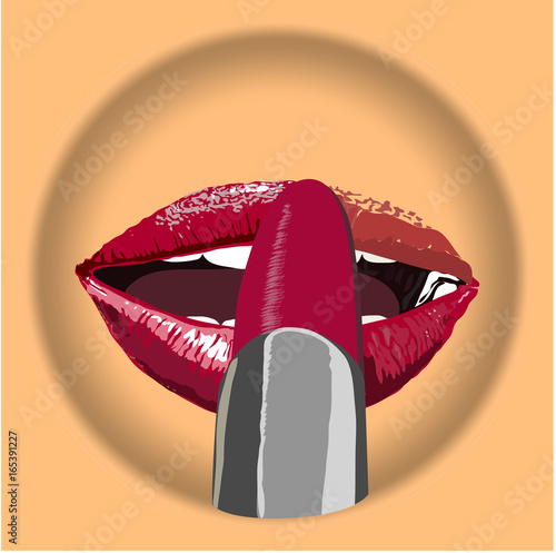icon glamour Red lips with pomade make up on body colore plate.  Sexy biting red lips make pomade. Vector- illustration.