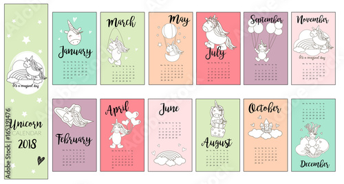 Cute Unicorn calendar, printable, in Vector