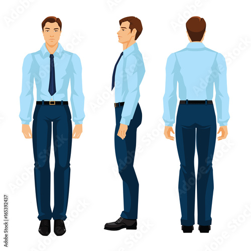 Vector illustration of business man in formal blue shirt and pants isolated on white background. Various turns man's figure. Front view, side and back view.