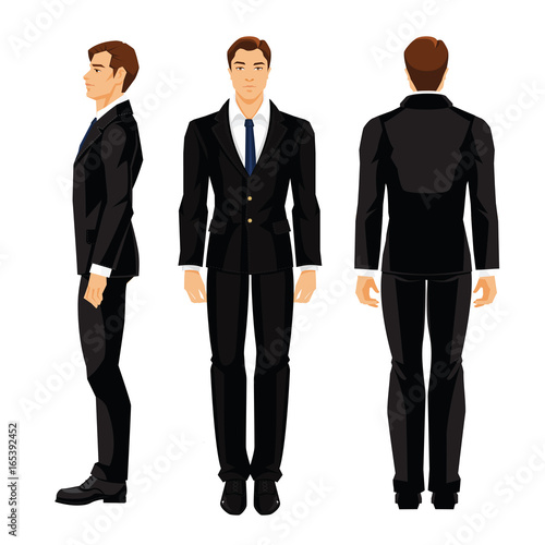 Vector illustration of business man in formal white shirt and black suit isolated on white background. Various turns man's figure. Side view, front and back view