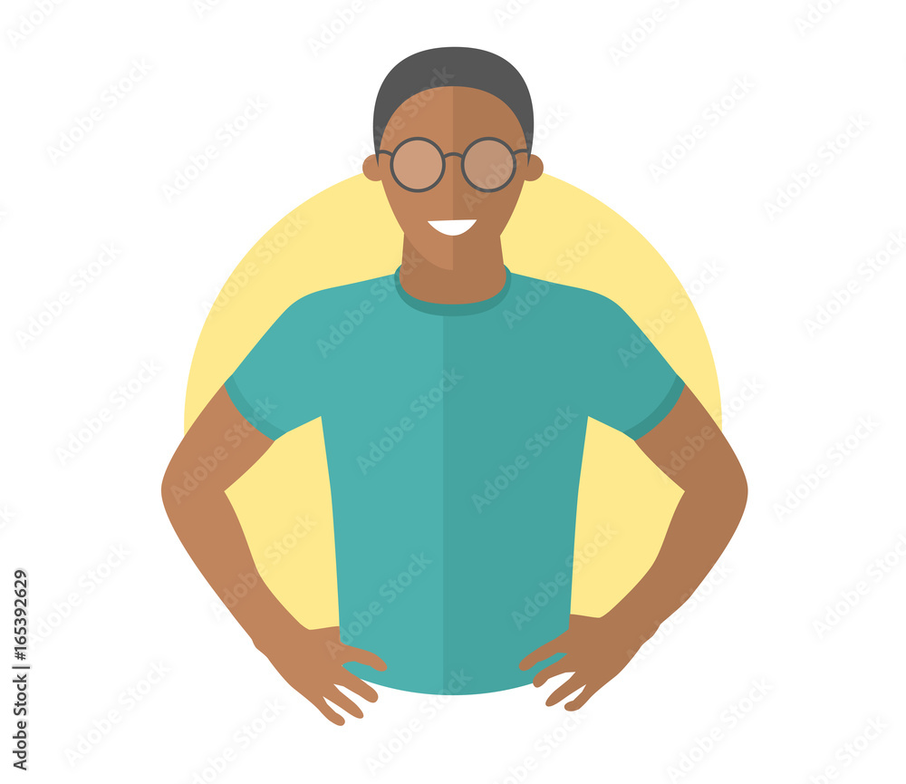Confident handsome black man in glasses. Flat design icon. Resolute boy with arms akimbo. Simply editable isolated vector illustration