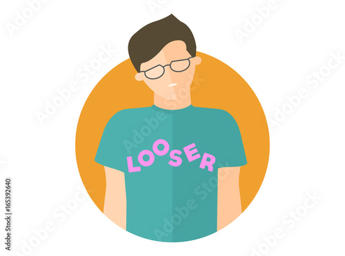 Weak, sad, depressed boy in glasses. Flat design icon of man with looser lettering. Handsome man with feeble depression emotion. Simply editable isolated on white vector sign photo