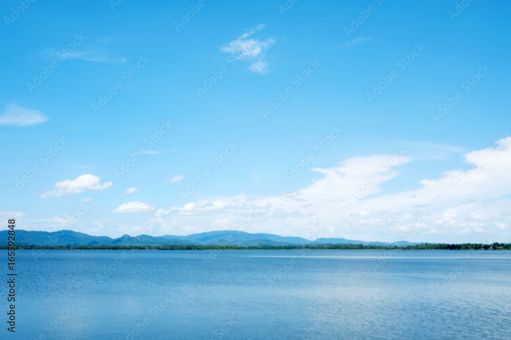 Lake and blue sky landscape, nature background, spring and summer season