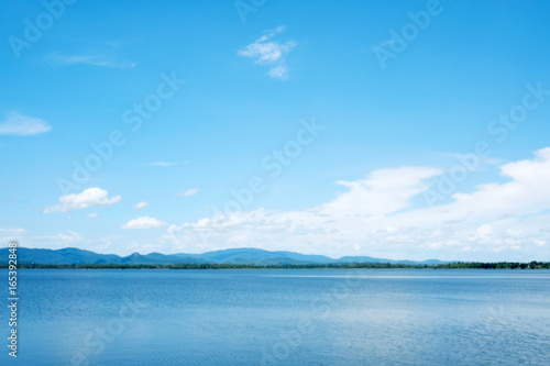 Lake and blue sky landscape, nature background, spring and summer season