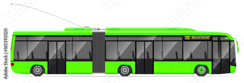 Large articulated trolleybus. yellow with modern design. Side view. Translucent windows. Contact network and road. photo